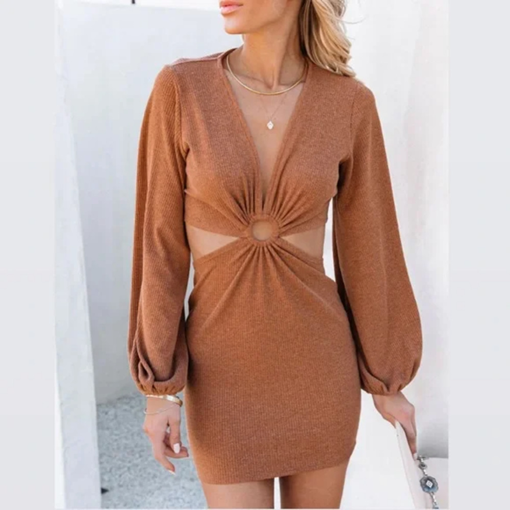 Vici Rust Brown Long Sleeve Cutout Mini Dress